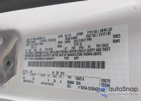 2014 Ford Escape Se z USA, uszkodzony, nr VIN 1FMCU9G99EUC68471